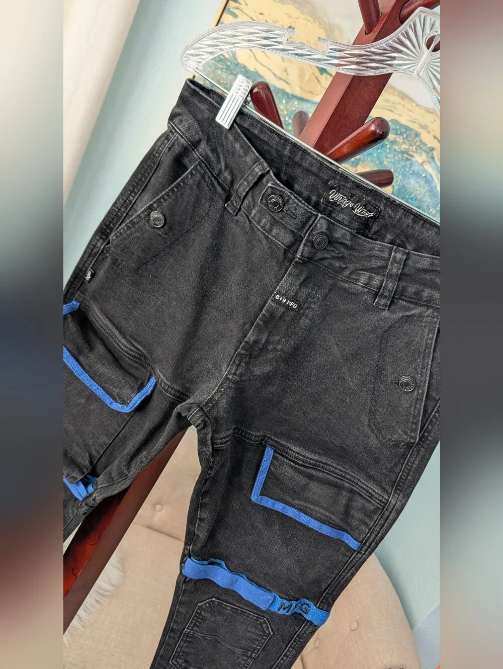 8+9 MFG Vintage Wash Black Cargo Jeans with Blue Trim Size 32